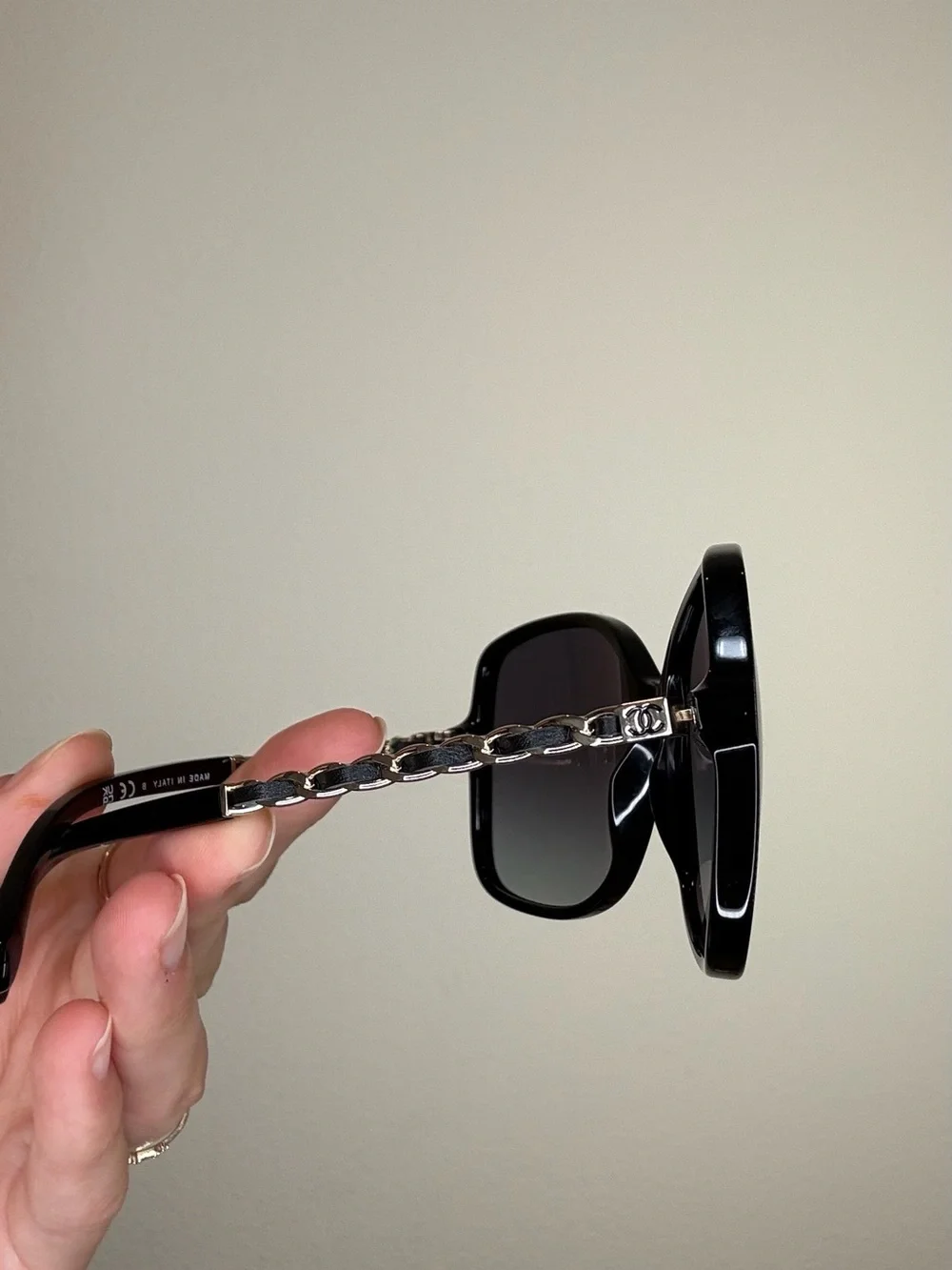 CHANEL Black Oversized Sunglasses w/ Chain CC branches